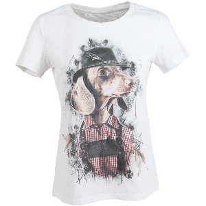 ALMTRACHT T-Shirt Damen Dackel mit Hut, weiß